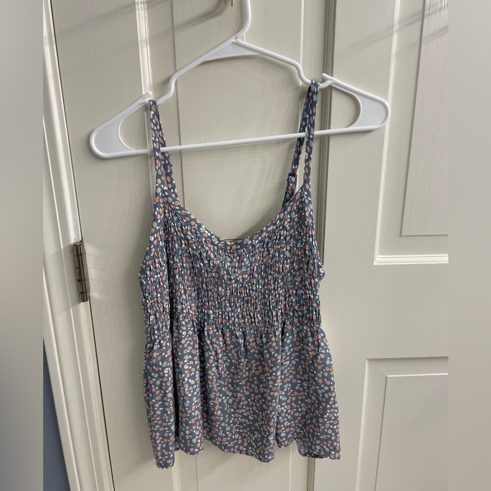 urban romantics blue smocked tank top with pink and white polka dots